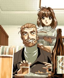 Rule 34 | 1990s (style), 1boy, 1girl, age difference, alcohol, beer, beer mug, brown eyes, brown hair, cigarette, cigarette butt, cup, father and daughter, food, game cg, love escalator, mug, pc98, retro artstyle, tagme, umitsuki productions