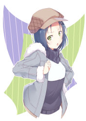 Rule 34 | 1girl, :o, bad id, bad pixiv id, beret, blue hair, cropped torso, fur-trimmed jacket, fur trim, gochuumon wa usagi desu ka?, green eyes, hair ornament, hairclip, hand on own hip, hat, hetareeji, highres, jacket, long sleeves, looking at viewer, mate rin, open clothes, open jacket, open mouth, outline, short hair, solo, upper body, v-shaped eyebrows, white outline