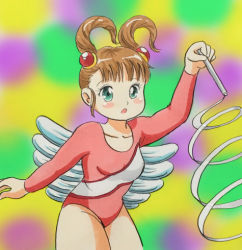 Rule 34 | 1girl, blue eyes, blush, breasts, brown hair, collarbone, green background, hair ornament, holding, leotard, long sleeves, lowres, marup, medium breasts, multicolored background, open mouth, pink leotard, purple background, ribbon, short hair, standing, twintails, wings, yellow background