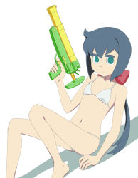 Rule 34 | 1girl, ahoge, arm support, bare shoulders, barefoot, bikini, blue hair, bow, breasts, closed mouth, collarbone, constanze amalie von braunschbank-albrechtsberger, empty eyes, feet out of frame, finger on trigger, green eyes, hair between eyes, hair bow, hair ornament, hand up, holding, holding water gun, light frown, little witch academia, long hair, looking at viewer, low ponytail, navel, red bow, satochi, sidelocks, simple background, sitting, small breasts, solo, straight hair, string bikini, swimsuit, thick eyebrows, very long hair, water gun, white background, white bikini