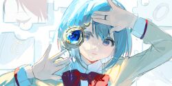 Rule 34 | 1girl, absurdres, blue eyes, blue gemstone, blue hair, bow, bowtie, collared jacket, expressionless, floating, floating object, gem, hand gesture, highres, jacket, jewelry, jhtgiu, long sleeves, mahou shoujo madoka magica, mahou shoujo madoka magica (anime), miki sayaka, mitakihara school uniform, painttool sai (medium), portrait, puzzle piece, red bow, red bowtie, ring, sakura kyoko, school uniform, short hair, solo, soul gem, white background, yellow jacket