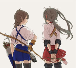 Rule 34 | 2girls, arrow (projectile), blush, bow (weapon), brown hair, commentary request, ear blush, flower, from behind, green hair, japanese clothes, kaga (kancolle), kantai collection, multiple girls, quiver, ree (re-19), side ponytail, tasuki, thighhighs, twintails, weapon, zettai ryouiki, zuikaku (kancolle)