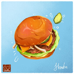 Rule 34 | artist logo, bread, burger, cheese, food, food focus, highres, lettuce, meat, no humans, original, pickle, yuki00yo