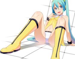 Rule 34 | 1girl, :d, arm support, bad id, bad pixiv id, blue eyes, blue hair, boots, hair between eyes, hatsune miku, knee boots, leaning back, long hair, looking at viewer, microphone, midriff, navel, open mouth, panties, shiny skin, sitting, sleeveless, smile, solo, stomach, twintails, underwear, very long hair, vocaloid, white background, white panties, wing collar, wrist cuffs, yani (nokori life1), yellow footwear