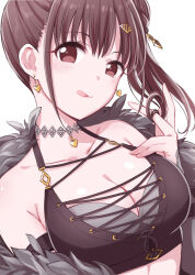 Rule 34 | 1girl, alternate hairstyle, bare shoulders, black shirt, blush, bow, breasts, brown hair, cleavage, collarbone, crop top, cropped shirt, earrings, fur-trimmed jacket, fur trim, hair bow, hair bun, hair ornament, hairclip, hand up, heart, heart earrings, heart pendant, idolmaster, idolmaster shiny colors, jacket, jewelry, kamekoya sato, large breasts, looking at viewer, midriff, off shoulder, pendant choker, shirt, simple background, single hair bun, sleeveless, sleeveless shirt, smile, solo, sonoda chiyoko, tongue, tongue out, upper body, white background