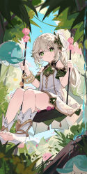 Rule 34 | 1girl, absurdres, bare shoulders, book, cross-shaped pupils, dress, elf, feet, feet up, from behind, full body, genshin impact, gradient hair, grass, green eyes, green hair, hair between eyes, hair ornament, highres, knees together feet apart, long hair, looking at viewer, looking back, multicolored hair, nahida (genshin impact), no shoes, open book, pointy ears, short sleeves, side ponytail, smile, socks, solo, stirrup legwear, symbol-shaped pupils, toeless legwear, white dress, white hair, white socks, yajuu