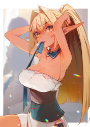 Rule 34 | 1girl, amana (pocketkey), armpits, arms up, bare shoulders, blonde hair, blue collar, blue ribbon, breasts, brown corset, cleavage, collar, corset, dark-skinned female, dark skin, detached collar, elf, hair intakes, half updo, highres, hololive, large breasts, long hair, looking at viewer, mouth hold, multicolored hair, orange eyes, pointy ears, ponytail, ribbon, ribbon in mouth, shiranui flare, shiranui flare (old design), solo, strapless, streaked hair, two-tone hair, tying hair, upper body, virtual youtuber, white hair