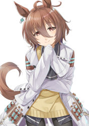 Rule 34 | 1girl, agnes tachyon (umamusume), ahoge, animal ears, black pantyhose, black shirt, brown eyes, brown hair, closed mouth, collared shirt, commentary request, ear piercing, hair between eyes, head tilt, horse ears, horse girl, horse tail, lab coat, long sleeves, miri (ago550421), open clothes, pantyhose, piercing, shirt, simple background, sleeves past fingers, sleeves past wrists, smile, solo, standing, sweater vest, tail, umamusume, vial, white background