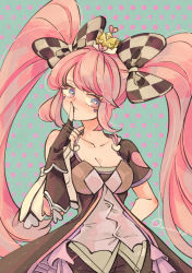 Rule 34 | 1girl, arm behind back, bad id, bad pixiv id, big hair, bow, breasts, buttons, character request, checkered bow, checkered clothes, chimame (c55mm), cleavage, closed mouth, collarbone, crown, eyelashes, finger to mouth, hand up, head tilt, index finger raised, large bow, long hair, looking at viewer, megido72, pink hair, polka dot, polka dot background, shushing, solo, twintails