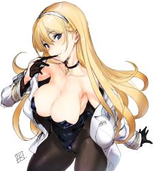 Rule 34 | 1girl, azur lane, bare shoulders, black choker, black gloves, black pantyhose, blonde hair, blue eyes, blush, breasts, choker, cleavage, collarbone, commentary request, cross, cross choker, floating hair, gloves, hairband, highres, large breasts, leotard, long hair, looking at viewer, north carolina (azur lane), off shoulder, pantyhose, playboy bunny, signature, simple background, solo, tooya daisuke, white background