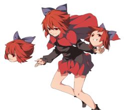Rule 34 | 1girl, bad id, bad twitter id, boots, cape, disembodied head, grin, hair ornament, hair ribbon, hasebe yuusaku, long sleeves, looking at viewer, looking away, red eyes, red hair, ribbon, sekibanki, shirt, short hair, simple background, skirt, smile, solo, touhou, white background