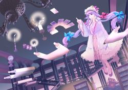Rule 34 | 119, 1girl, 1ten, bad id, bad pixiv id, bookshelf, candle, chandelier, crescent, crescent moon, female focus, floating, hat, highres, long hair, moon, patchouli knowledge, purple eyes, purple hair, scroll, solo, stairs, touhou