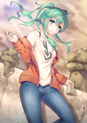 Rule 34 | 1girl, absurdres, bare shoulders, blue pants, blush, broken wall, can, closed mouth, collarbone, commentary request, crack, cracked wall, denim, dutch angle, eyewear hang, eyewear on shirt, unworn eyewear, green eyes, green hair, hair between eyes, hatsune miku, highres, holding, holding can, hood, hoodie, jeans, key, long hair, long sleeves, looking at viewer, off-shoulder shirt, off shoulder, open clothes, open hoodie, orange hoodie, outdoors, pants, shirt, sidelocks, solo, standing, standing on one leg, stone wall, sunglasses, twintails, vocaloid, wall, white shirt, yiyu qing mang