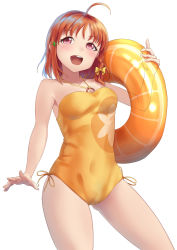 Rule 34 | 10s, 1girl, absurdres, ahoge, bad id, bad pixiv id, bare shoulders, blush, braid, breasts, casual one-piece swimsuit, clover hair ornament, cowboy shot, hair ornament, highres, innertube, love live!, love live! school idol festival, love live! sunshine!!, medium breasts, one-piece swimsuit, open mouth, orange hair, orange one-piece swimsuit, qwyte, red eyes, ribbon, round teeth, see-through, short hair, side braid, simple background, smile, solo, standing, swim ring, swimsuit, takami chika, teeth, upper teeth only, white background, yellow ribbon