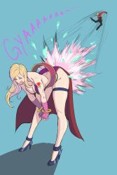 Rule 34 | 1boy, 1girl, arm tattoo, ass, bent over, blonde hair, blush, breasts, cleavage, clenched hands, dress, fatal fury, fingerless gloves, flying, gameplay mechanics, garou: mark of the wolves, gloves, heels, high heels, highres, hip attack, humor, jacket, jenet behrn, large breasts, leaning forward, legs, long hair, motion blur, octavius dp, open mouth, pants, rock howard, short hair, smile, snk, tattoo, teeth, the king of fighters, thick thighs, thighs, wide hips