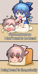 Rule 34 | 2girls, 2koma, :d, blue bow, blue dress, blue eyes, blue hair, blush, bow, bread, chibi, chinese commentary, cirno, comic, commentary request, crying, dough, dress, english text, food, fujiwara no mokou, grey background, hair between eyes, hair bow, i don&#039;t want to be bread (meme), ice, ice wings, jokanhiyou, looking at another, meme, multiple girls, open mouth, pinafore dress, pink hair, puffy short sleeves, puffy sleeves, red eyes, shadow, shirt, short hair, short sleeves, sidelocks, sleeveless dress, smile, tears, touhou, white bow, white shirt, wings