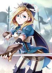 Rule 34 | 1girl, armor, blonde hair, blue eyes, boots, breastplate, earrings, fingerless gloves, flag, gloves, hat, highres, holding, jewelry, pantyhose under shorts, looking at viewer, original, pantyhose, retsuna, shorts, solo, sword, thigh boots, thighhighs, tiara, weapon, white thighhighs