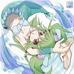 Rule 34 | 1girl, foreshortening, front-tie top, full body, green hair, highres, jewelry, koikawa hayato, mermaid, monster girl, muromi-san, namiuchigiwa no muromi-san, necklace, no navel, open mouth, red eyes, shell hair ornament, solo, twintails, upside-down, watermark, wrist cuffs