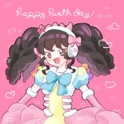Rule 34 | 1girl, :d, black hair, blue bow, bow, commentary request, cowboy shot, dated, dress, elbow gloves, fur-trimmed dress, fur-trimmed gloves, fur trim, gaaruru (pripara), gloves, hair bow, happy birthday, headphones, heart, highres, idol clothes, long hair, looking at viewer, open mouth, pink background, pink dress, pink gloves, poro (pweedro), pretty series, pripara, puffy short sleeves, puffy sleeves, short sleeves, sidelocks, smile, solo, twintails