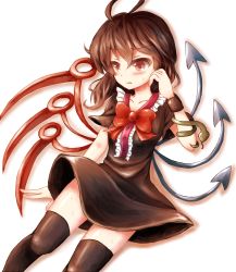 Rule 34 | 1girl, ahoge, asymmetrical wings, bad id, bad pixiv id, black dress, black thighhighs, bow, brown hair, collarbone, dress, dutch angle, houjuu nue, open mouth, raayu, red eyes, short hair, simple background, snake, solo, tears, thighhighs, touhou, white background, wings, wristband, zettai ryouiki