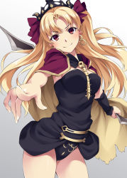 Rule 34 | 1girl, blonde hair, blush, cape, earrings, ereshkigal (fate), fate/grand order, fate (series), gold trim, hair ribbon, jewelry, long hair, looking at viewer, mukunokino isshiki, pointing, pointing at viewer, red cape, red eyes, red ribbon, ribbon, skull, solo, tiara, tohsaka rin, twintails, two side up, weapon