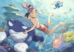 1boy :t barefoot black_hair blue_eyes blush bubble coral corsola creatures_(company) game_freak gen_1_pokemon gen_2_pokemon gen_3_pokemon gen_4_pokemon gen_7_pokemon gen_8_pokemon highres kieran_(pokemon) legendary_pokemon luvdisc male_focus male_swimwear manaphy matsuda_(0yx38755230263c) mole mole_on_neck multicolored_hair mythical_pokemon nintendo pincurchin pokemon pokemon_(creature) pokemon_sv poliwrath purple_hair pyukumuku remoraid rock smile swim_trunks swimming topless_male underwater water yellow_eyes