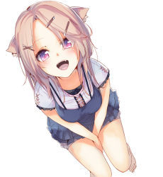 Rule 34 | 1girl, animal ears, barefoot, cat ears, fang, from above, hair ornament, hairpin, la-na, looking at viewer, open mouth, oral invitation, original, pink eyes, pink hair, short hair, short sleeves, solo, white background