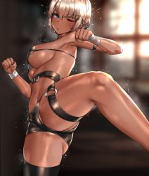 Rule 34 | 1girl, absurdres, armlet, armpit crease, armpits, bandaged arm, bandages, belt, bikini, blue eyes, blurry, blurry background, breasts, brown belt, brown bikini, brown shorts, cleavage, clyde s, cowboy shot, dark skin, day, eyepatch bikini, gradient background, grey background, highres, kicking, large breasts, navel, one eye closed, open fly, original, short hair, short shorts, shorts, single thighhigh, solo, sweat, swimsuit, thigh strap, thighhighs, underboob, white hair, window