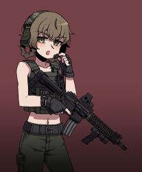 Rule 34 | 1girl, :o, amane suzuha, ammunition pouch, belt, black belt, black tank top, braid, brown background, brown eyes, brown hair, collarbone, commentary, commission, crop top, ear protection, english commentary, green pants, gun, hair rings, hand up, holding, holding gun, holding weapon, karepack, midriff, navel, pants, parted lips, pouch, simple background, solo, standing, steins;gate, tank top, twin braids, v-shaped eyebrows, weapon, weapon request