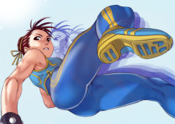 Rule 34 | 1girl, alternate costume, breasts, capcom, chun-li, commentary request, from below, looking at viewer, short hair, simple background, solo, soon (c-u-soon), street fighter, street fighter zero (series), thighs, unitard