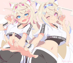Rule 34 | 2girls, :d, :v, animal ear fluff, animal ears, bandaid, bandaid hair ornament, black pants, black sports bra, blonde hair, blue eyes, blue hair, blue hairband, blue nails, blush, breasts, character name, closed mouth, clothes writing, crop top, crop top overhang, crossed bangs, dog ears, dog girl, dog tail, double-parted bangs, fake horns, fang, fuwawa abyssgard, hair between eyes, hair intakes, hair ornament, hairband, hairclip, hand up, highres, hinata hirune, hololive, hololive dance practice uniform, hololive english, horns, indoors, large breasts, long hair, looking at viewer, midriff, mococo abyssgard, multicolored hair, multiple girls, nail polish, navel, one eye closed, open mouth, outstretched arms, pants, pink eyes, pink hair, pink hairband, pink nails, shirt, short hair, siblings, sisters, skin fang, smile, sports bra, standing, streaked hair, sweat, t-shirt, tail, twins, two side up, v-shaped eyebrows, virtual youtuber, white shirt, x hair ornament