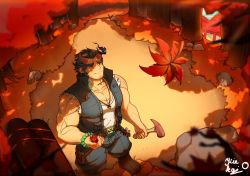 Rule 34 | 1boy, autumn, autumn leaves, bara, belt buckle, blue hair, broken horn, buckle, dark blue hair, demon boy, demon horns, facial hair, falling leaves, fang, fiery horns, forest, hammer, highres, holding, horns, jewelry, kiekoio, large pectorals, leaf, long sideburns, looking up, male focus, mature male, muscular, muscular male, nature, pectorals, red eyes, scar, short hair, sideburns, signature, sleeveless, smile, solo, stubble, takemaru (housamo), tank top, thick eyebrows, tokyo houkago summoners