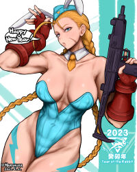 Rule 34 | 1girl, abs, adapted costume, animal ears, antenna hair, artist name, belt bra, beret, blonde hair, blue eyes, blue leotard, braid, breasts, cammy white, chinese zodiac, choker, cleavage, collarbone, covered erect nipples, detached collar, fake animal ears, fingerless gloves, gloves, gun, happy new year, hat, hershuar, highleg, highleg leotard, charm (object), large breasts, leotard, lightning bolt print, lips, looking at viewer, machine gun, meme attire, muscular, muscular female, navel, necktie, new year, playboy bunny, rabbit ears, rabbit charm, red gloves, scar, scar on face, short necktie, solo, stomach, street fighter, street fighter v, submachine gun, teeth, thigh strap, thighs, twin braids, uzi, weapon, year of the rabbit