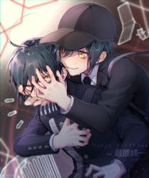 Rule 34 | 2boys, absurdres, ahoge, baseball cap, black hair, black hat, black jacket, black theme, blurry, blurry background, blush, cellphone, character name, commentary request, danganronpa (series), danganronpa v3: killing harmony, dated, dual persona, eyelashes, from behind, grabbing, grin, hand on another&#039;s face, hand on own chest, happy birthday, hat, highres, jacket, long sleeves, male focus, monokuma, multiple boys, nanin, necktie, pale skin, phone, saihara shuichi, school uniform, shirt, short hair, smile, striped clothes, striped jacket, sweat, sweatdrop, teeth, translated, white shirt, yellow eyes