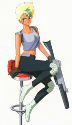 Rule 34 | 1980s (style), 1girl, bandaid, blonde hair, boots, chair, crop top, earrings, full body, gall force, gloves, green hair, gun, jewelry, knee pads, lufy, midriff, multicolored hair, navel, oldschool, pants, red eyes, retro artstyle, rifle, short hair, simple background, sitting, sleeveless, smile, solo, sonoda ken&#039;ichi, star (symbol), stool, tan, two-tone hair, weapon