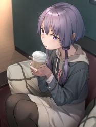 Rule 34 | 1girl, black pantyhose, cropped jacket, cup, cup holder, cushion, denim, denim jacket, disposable coffee cup, disposable cup, feet out of frame, from above, hair tubes, highres, holding, holding cup, hood, hoodie, indoors, jacket, kuz, light blush, looking at viewer, open mouth, pantyhose, purple eyes, purple hair, short hair with long locks, sidelocks, sitting, solo, steam, vocaloid, voiceroid, white hoodie, wooden floor, yuzuki yukari