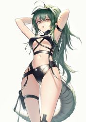 Rule 34 | 1girl, antenna hair, arknights, armpits, arms behind head, arms up, bare shoulders, belt pouch, bikini, black bikini, breasts, cowboy shot, crocodilian tail, gavial (arknights), gluteal fold, green hair, groin, highleg, highleg bikini, highres, itaco, large breasts, long hair, looking at viewer, multiple straps, navel, official alternate costume, open mouth, ponytail, pouch, shaded face, simple background, solo, standing, stomach, swimsuit, tail, thigh strap, thighs, underboob, visor cap, white background, wide hips, yellow eyes