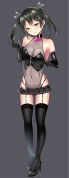 Rule 34 | 10s, 1girl, :q, alternate costume, bad anatomy, bare shoulders, black footwear, black gloves, black panties, black skirt, black thighhighs, black vest, blush, breasts, buckle, buttons, cleavage, closed mouth, collar, collarbone, dominatrix, elbow gloves, full body, garter straps, gloves, green eyes, green hair, grey background, hair ribbon, head tilt, heart-shaped lock, high heels, highres, holding, kantai collection, lock, looking at viewer, medium breasts, microskirt, navel, padlock, padlocked collar, panties, pantyshot, pleated skirt, puririn, ribbon, riding crop, shoes, short hair, short twintails, simple background, skirt, solo, standing, stomach, thighhighs, tongue, tongue out, twintails, underwear, vest, white ribbon, zuikaku (kancolle)
