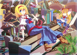 Rule 34 | 1girl, :o, ahoge, alice margatroid, black pantyhose, blonde hair, blue eyes, book, bookshelf, breasts, capelet, chair, character doll, female focus, floating, floating book, floating object, hairband, kirisame marisa, koakuma, open mouth, oversized object, pantyhose, patchouli knowledge, plant, potted plant, shanghai doll, short hair, sitting, solid oval eyes, solo, too many, too many books, touhou, window, yuuki. (limit)