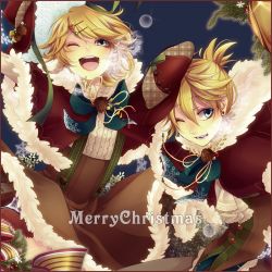 Rule 34 | 1boy, 1girl, bad id, bad pixiv id, blonde hair, blue eyes, bow, breath, brother and sister, christmas, domco, hair ornament, hairclip, hat, unworn hat, unworn headwear, kagamine len, kagamine rin, merry christmas, one eye closed, open mouth, ribbon, short hair, siblings, smile, twins, vocaloid, wink