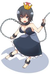 Rule 34 | 1girl, bare shoulders, black dress, black hair, blue eyes, breasts, chain, chain leash, cleavage, commentary request, crown, cuffs, dress, full body, hair between eyes, large breasts, leash, mario (series), mini crown, nagami yuu, new super mario bros. u deluxe, nintendo, open mouth, princess chain chomp, sharp teeth, short hair, solo, standing, strapless, strapless dress, super crown, teeth, white background