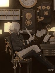 Rule 34 | 1boy, antique phone, black footwear, black hat, black jacket, black pants, black vest, book, book stack, boots, buttons, chair, charm (object), clock, colored eyelashes, corded phone, cradling phone, dark-skinned male, dark skin, double-breasted, drawer, fantasia sora, from side, gloves, hair between eyes, hat, highres, holding, holding quill, index finger raised, jacket, key, lamp, looking to the side, low ponytail, male focus, note, open book, open mouth, original, pants, phone, picture frame, pocket watch, quill, roman numeral, rotary phone, shirt, sideways glance, sitting, solo, table, talking on phone, teeth, two-tone pants, upper teeth only, vest, watch, white eyes, white gloves, white hair, white pants, white shirt