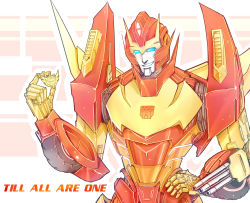 Rule 34 | 1boy, autobot, badge, blue eyes, english text, grin, gun, hand on own hip, highres, insignia, male focus, mecha, no humans, oceanapril, robot, rodimus, science fiction, simple background, smile, solo, the transformers (idw), transformers, weapon, wheel