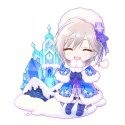 Rule 34 | 1girl, anastasia (idolmaster), annindoufu (oicon), blue coat, boots, castle, chibi, closed eyes, coat, commentary request, facing viewer, fur-trimmed coat, fur trim, grey hair, hat, highres, idolmaster, idolmaster cinderella girls, mittens, open mouth, short hair, smile, solo, winter clothes