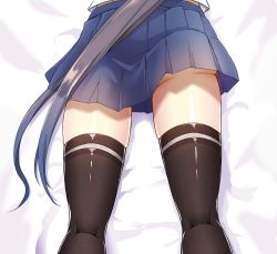 Rule 34 | 10s, 1girl, akebono (kancolle), akebono kai (kancolle), ass, bed sheet, black thighhighs, blue skirt, from above, from behind, head out of frame, kantai collection, kneepits, long hair, lower body, lying, ohiya, on stomach, pleated skirt, purple hair, shiny skin, skirt, spread legs, thighhighs, upskirt, very long hair