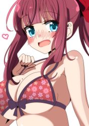 Rule 34 | 1girl, absurdres, bad id, bad pixiv id, bikini, blue eyes, blunt bangs, blush, breasts, floral print, heart, highres, large breasts, looking at viewer, mole, mole on breast, new game!, open mouth, ponytail, red bikini, red hair, sinakyo, solo, swimsuit, takimoto hifumi, upper body
