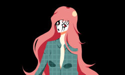 Rule 34 | 1girl, black background, collared shirt, crossover, flat color, hata no kokoro, long hair, no lineart, open clothes, open shirt, red eyes, red hair, shirt, simple background, slipknot, solo, touhou, unmoving pattern, very long hair