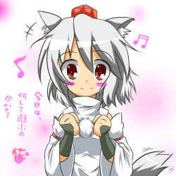 Rule 34 | 1girl, :3, aged down, animal ears, bare shoulders, blush, blush stickers, breasts, detached sleeves, fingerless gloves, gloves, happy, hat, inubashiri momiji, looking at viewer, musical note, pom pom (clothes), red eyes, rody (hayama yuu), short hair, silver hair, small breasts, smile, solo, tail, tail wagging, tokin hat, touhou, translation request, wolf ears, wolf tail