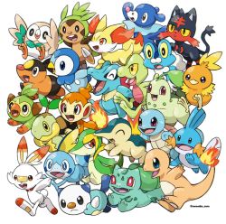 Rule 34 | :d, absurdres, black eyes, bright pupils, bulbasaur, charmander, chespin, chikorita, chimchar, closed eyes, closed mouth, commentary request, creature, creatures (company), cyndaquil, fangs, fennekin, fire, fire, flame-tipped tail, froakie, frown, game freak, gen 1 pokemon, gen 2 pokemon, gen 3 pokemon, gen 4 pokemon, gen 5 pokemon, gen 6 pokemon, gen 7 pokemon, gen 8 pokemon, grookey, highres, litten, looking at viewer, looking up, mudkip, nintendo, no humans, open mouth, oshawott, piplup, pokemon, pokemon (creature), popplio, red eyes, rorosuke, rowlet, scorbunny, simple background, smile, snivy, sobble, squirtle, teeth, tepig, tongue, torchic, totodile, treecko, turtwig, upper teeth only, white background, white pupils
