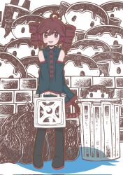 Rule 34 | 1girl, ahoge, black footwear, buttons, canister, co8, collared shirt, commentary request, detached sleeves, drill hair, headphones, highres, hito mania (utau), holding, jerry can, kasane teto, long sleeves, looking at viewer, open mouth, pocket, red eyes, red hair, shirt, skirt, solid oval eyes, trash bag, trash can, twin drills, utau, wall, wide sleeves
